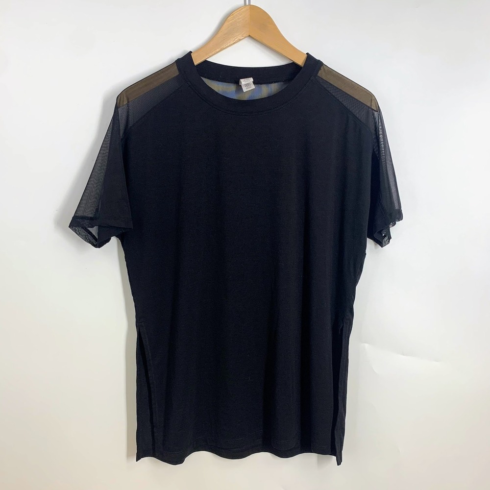 Athleta Black Essence Mesh Shoulder Sleeve T Shirt Top Women's Size XS